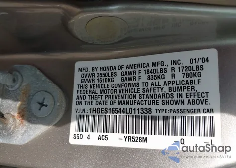 2004 Honda Civic Lx из США, поврежденный, VIN 1HGES16544L011338